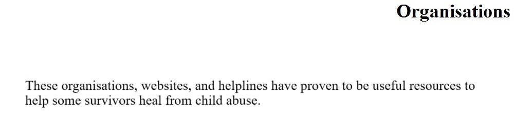 Child Abuse Healing page Organisations